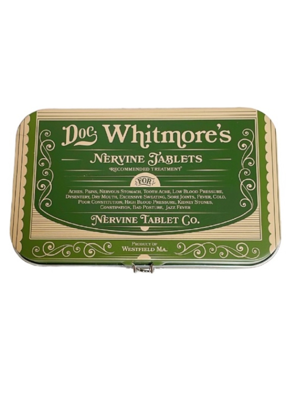 Vintage-inspired Doc Whitmore’s nervine tablets metal trinket tin